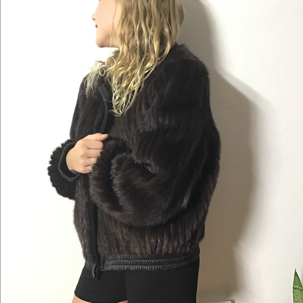 Brown & Black Mink Fur Bomber Jacket.
